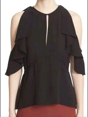 Theory Desiraya Cold-Shoulder Ruffle Top | Size S | Black Blouse Silk Peplum